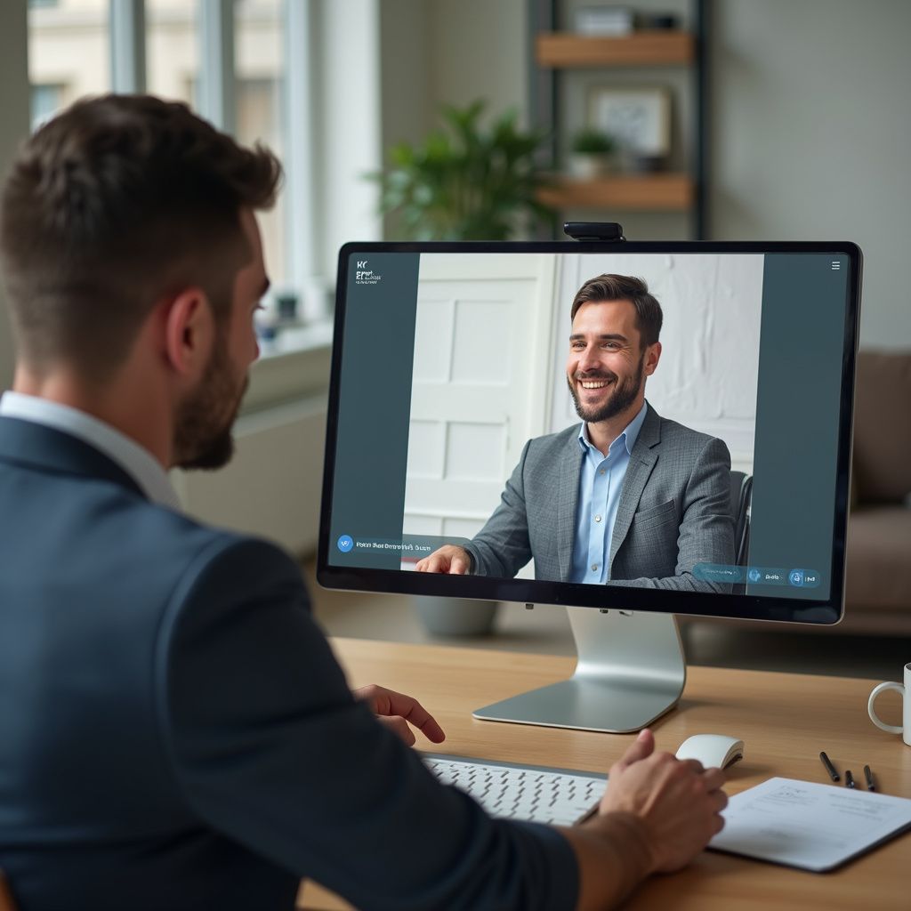 Man in suit on video call, smiling. Man in suit at computer. Interior setting, window and desk visible.