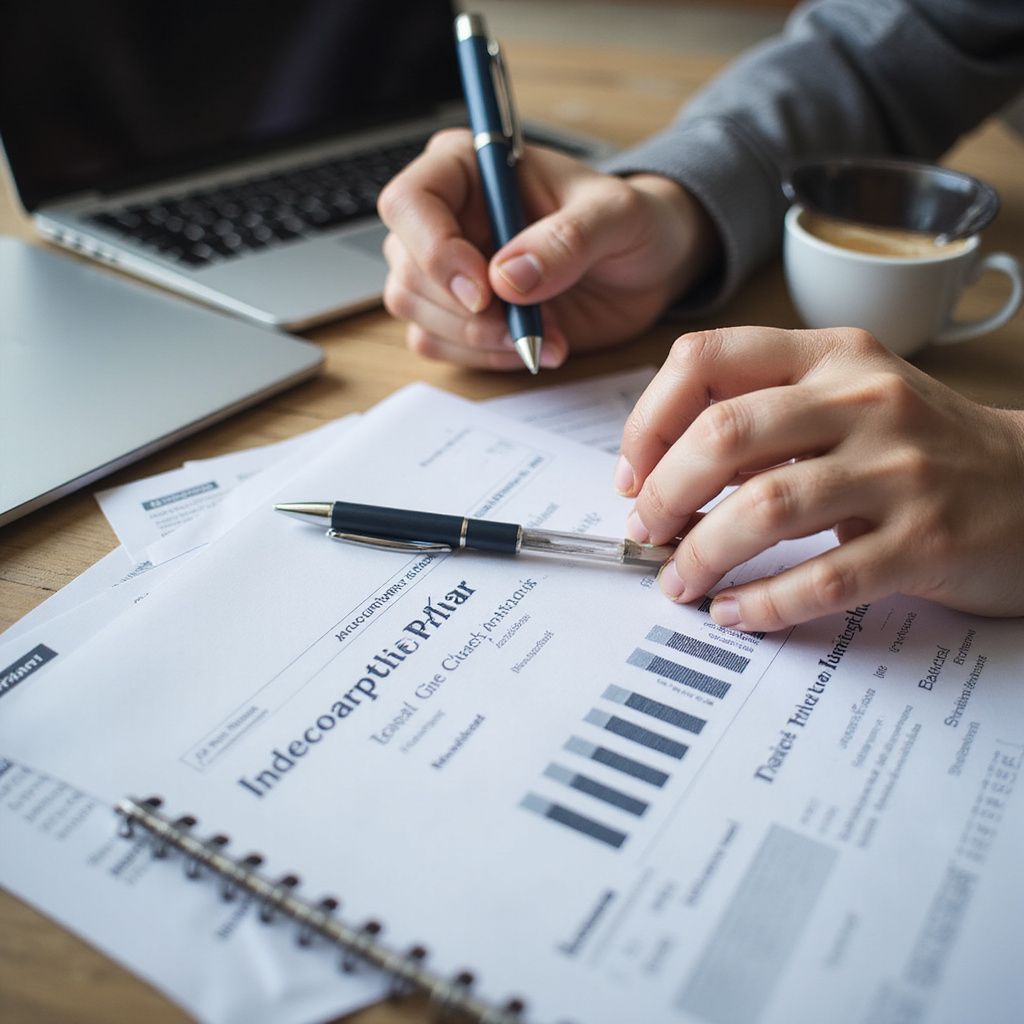 Person writing with a pen on financial documents next to a laptop and coffee.