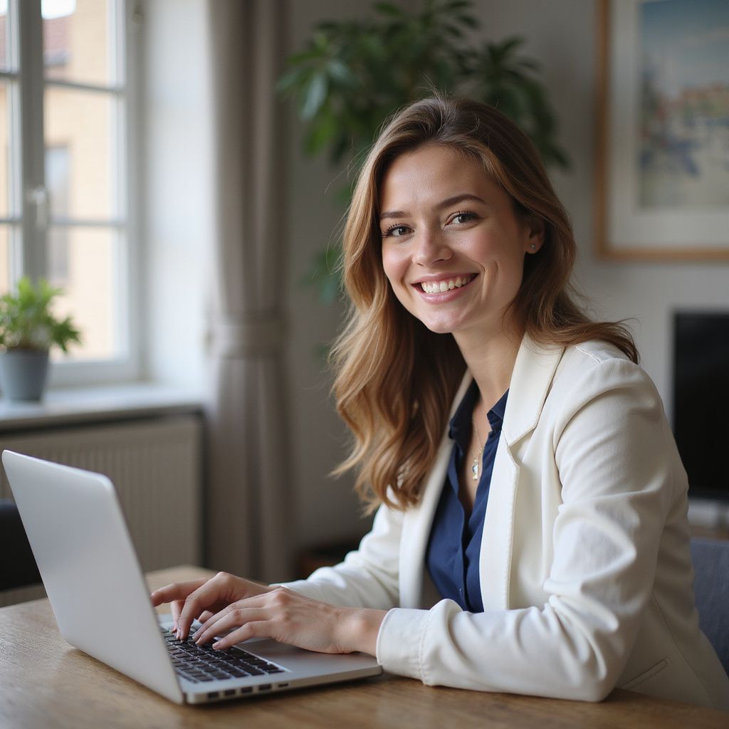 Woman in cream blazer smiles at the camera while working on a laptop at a table.