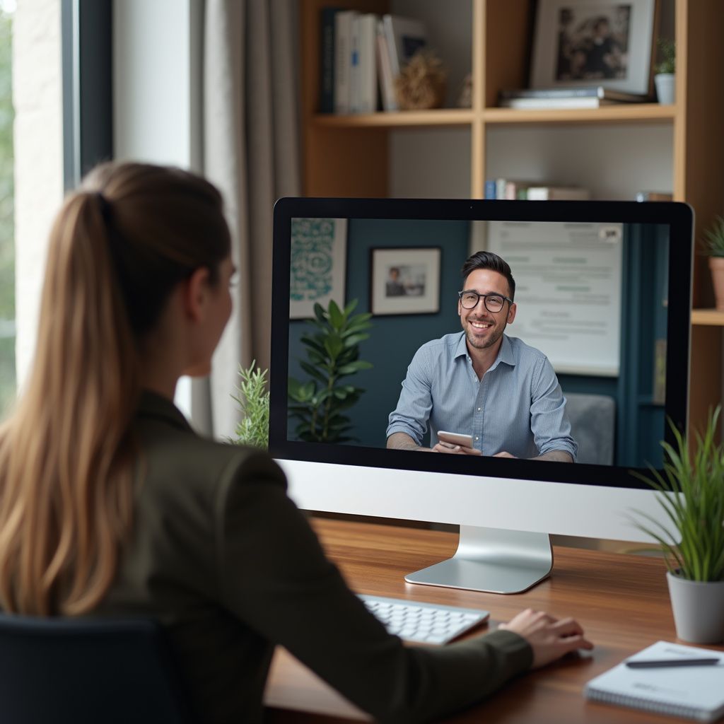 Woman in office video calls with smiling person on a computer screen.
