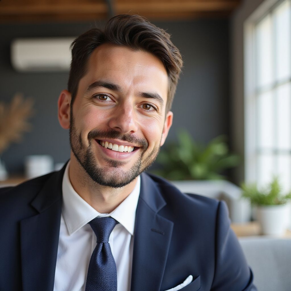 Man in navy suit smiles at the camera, indoors.