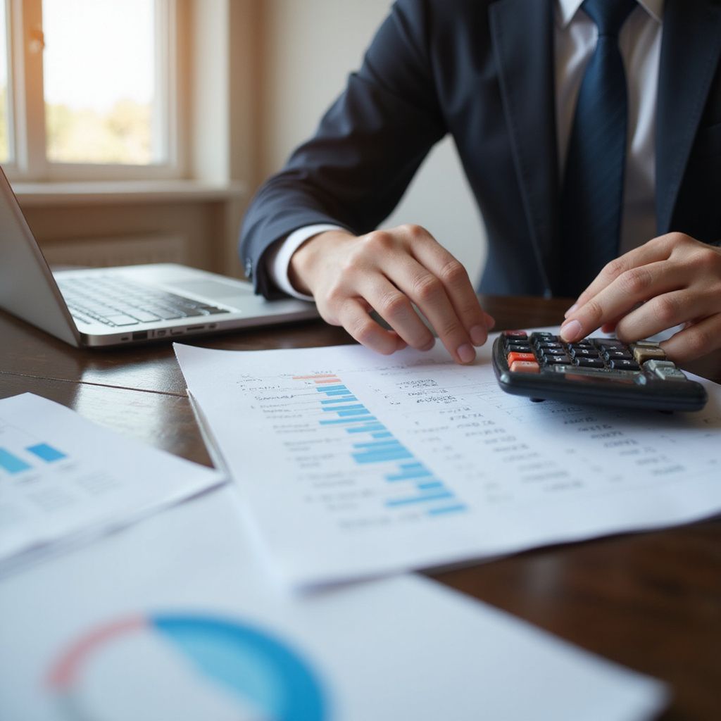 Person in suit using a calculator over financial documents near a laptop.