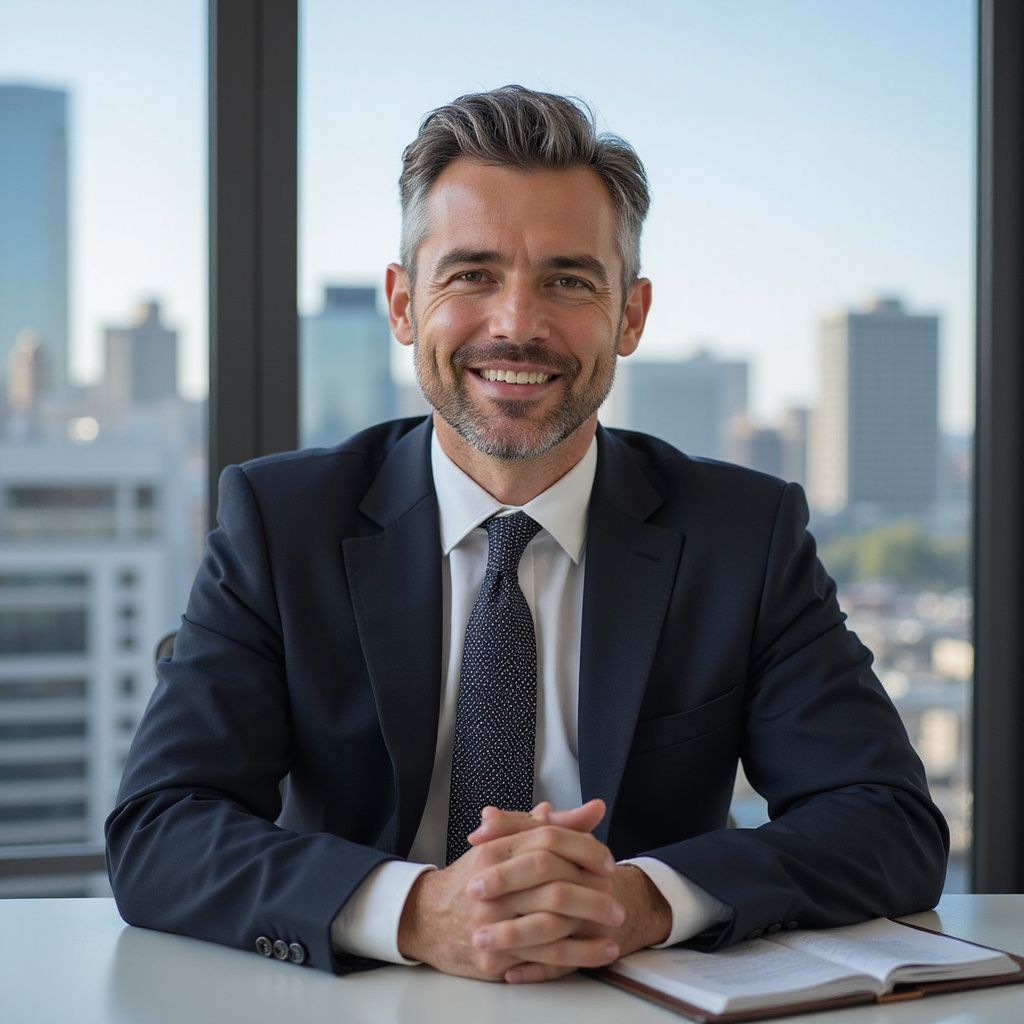 Man in suit smiles, hands clasped, at desk in office with city view.