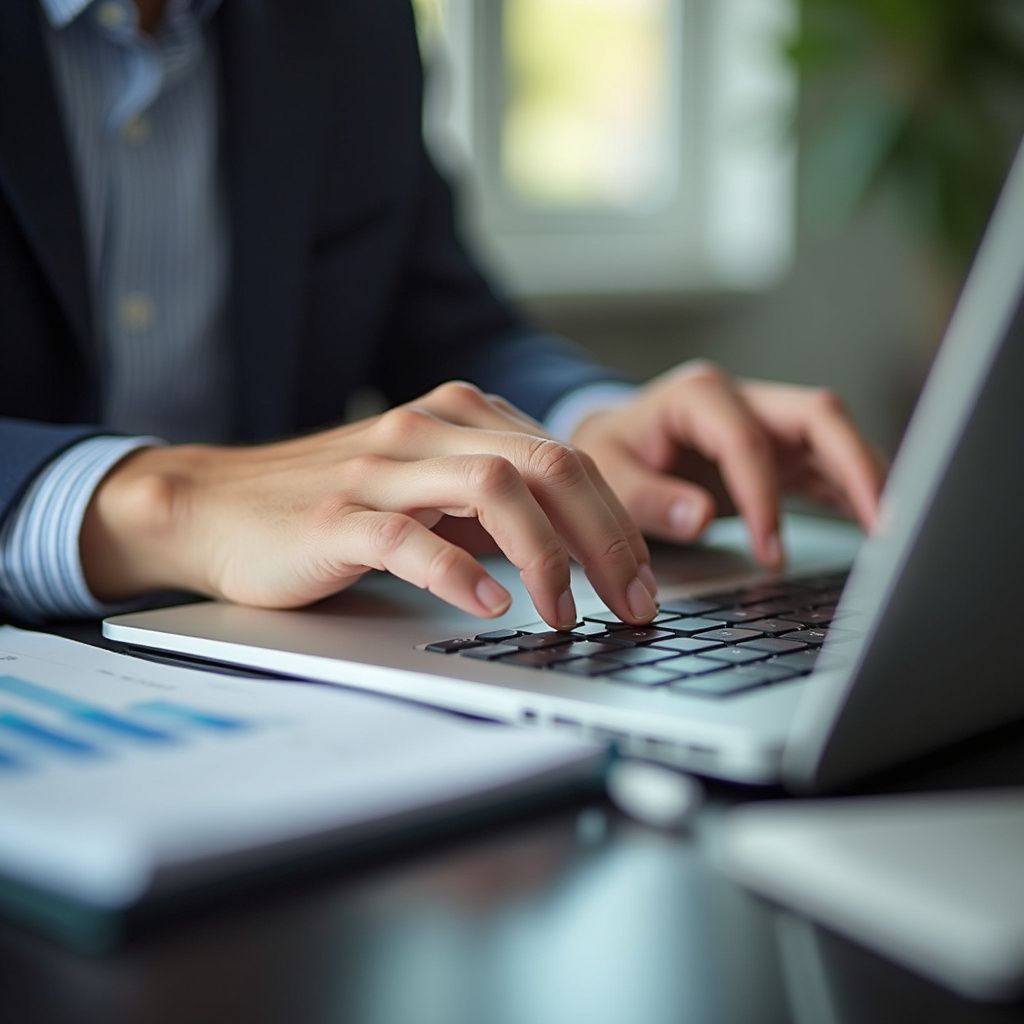 Person in a suit typing on a laptop with charts visible on the desk.