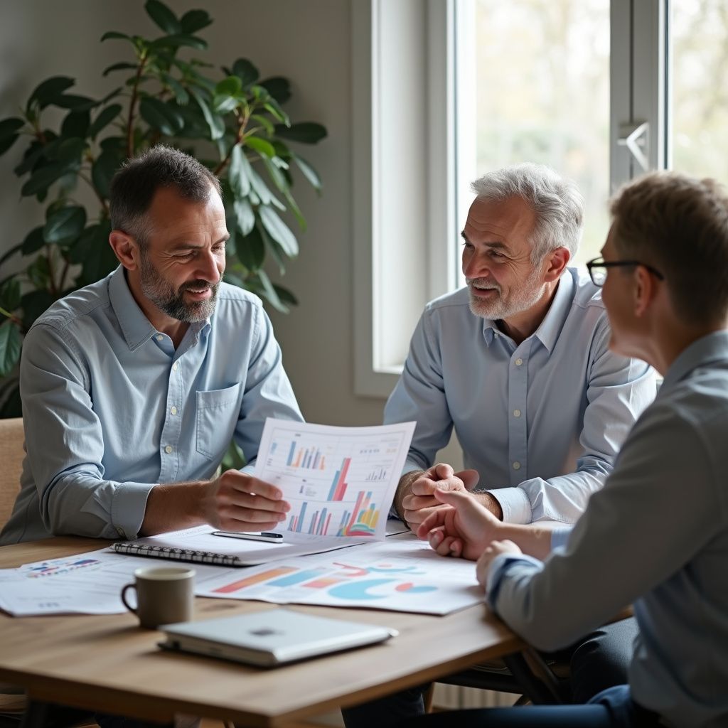Three people reviewing financial charts at a table.