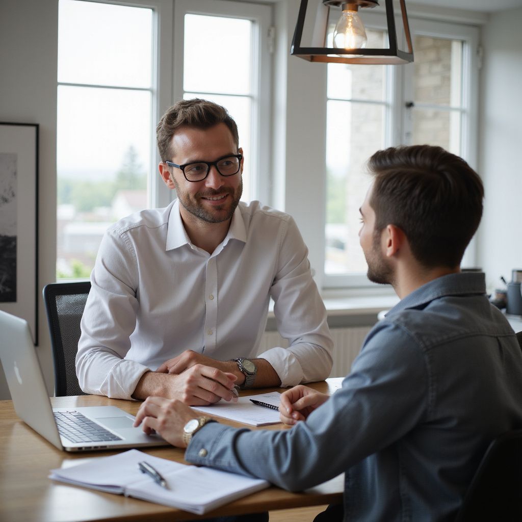 Two men in an office, one wearing glasses, looking at documents and laptop on a desk.