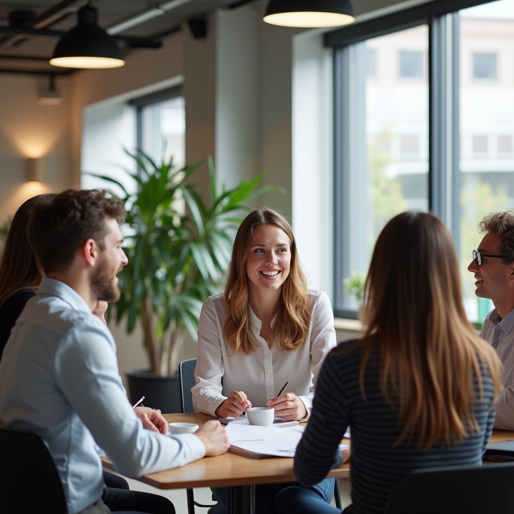 People in a meeting, smiling and engaged around a table with papers, near a window with a green plant.