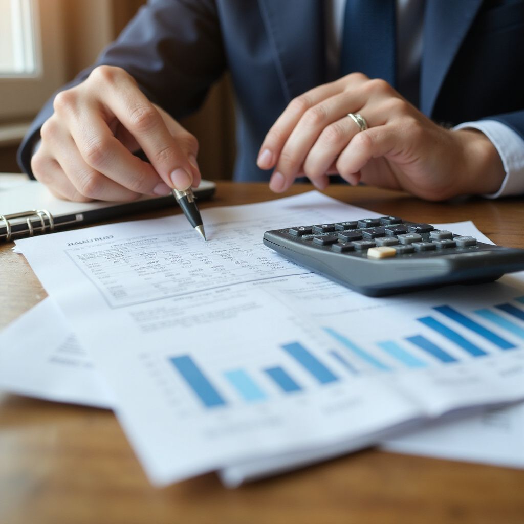 Person in a suit reviews financial documents with a pen and calculator on a wooden desk.