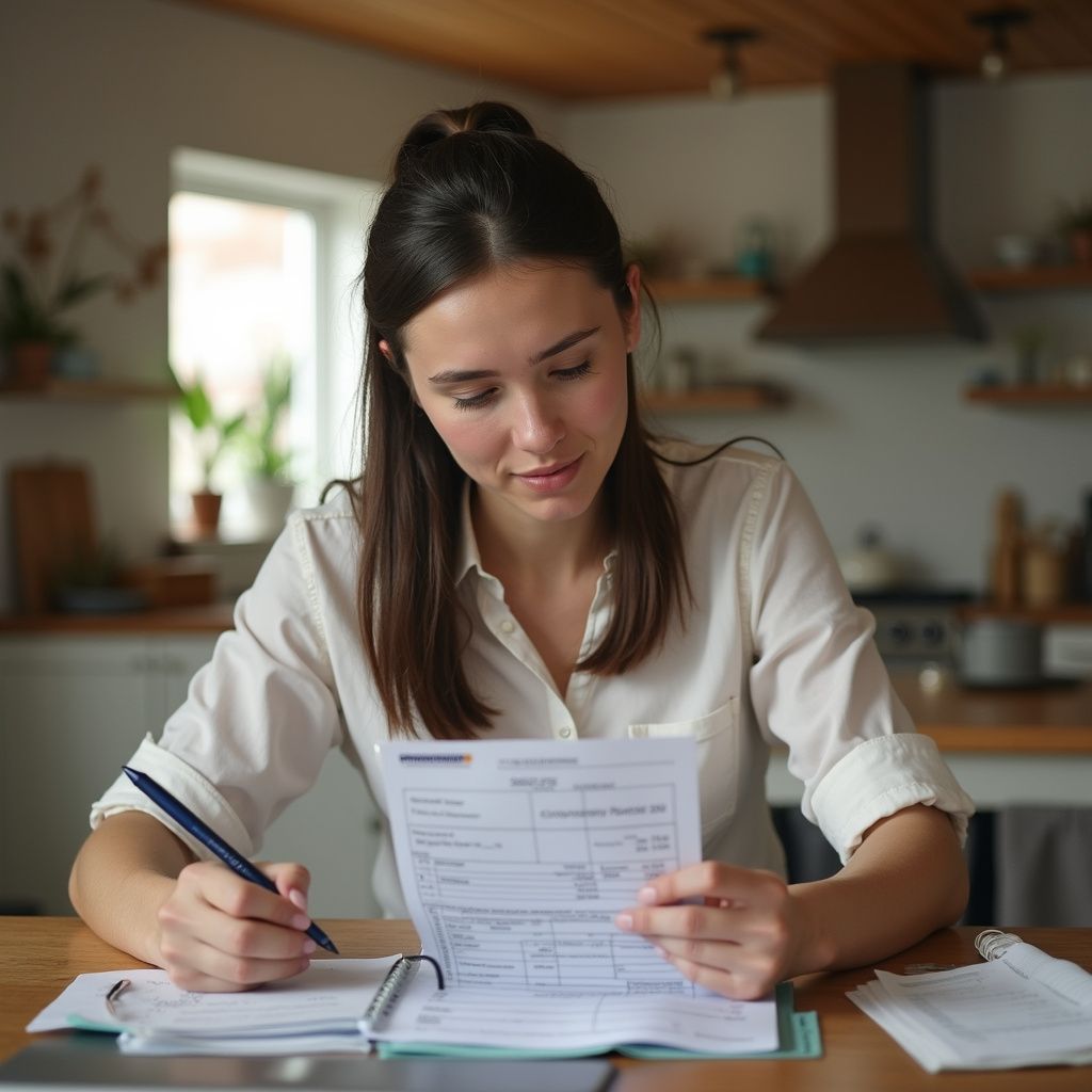Woman reviewing paperwork, writing with a pen at a wooden table in a kitchen setting.