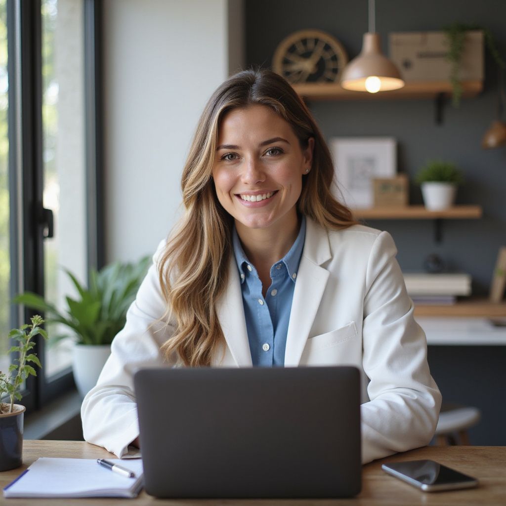 Woman smiling, wearing a blazer, sitting at a desk with a laptop in a well-lit office.