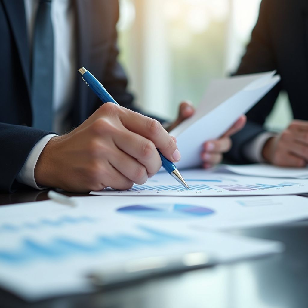 Person writing on financial charts with a pen during a meeting.