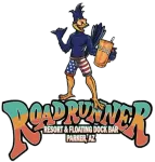 A logo for roadrunner resort and floating dock bar