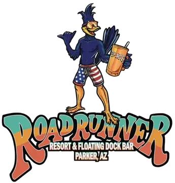 A logo for roadrunner resort and floating dock bar