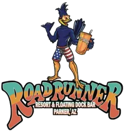 A logo for roadrunner resort and floating dock bar