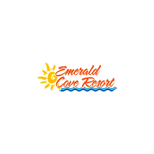 A logo for emerald cove resort with a sun and waves