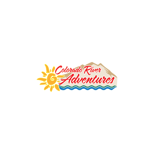 The logo for colorado river adventures shows a sun and a mountain.