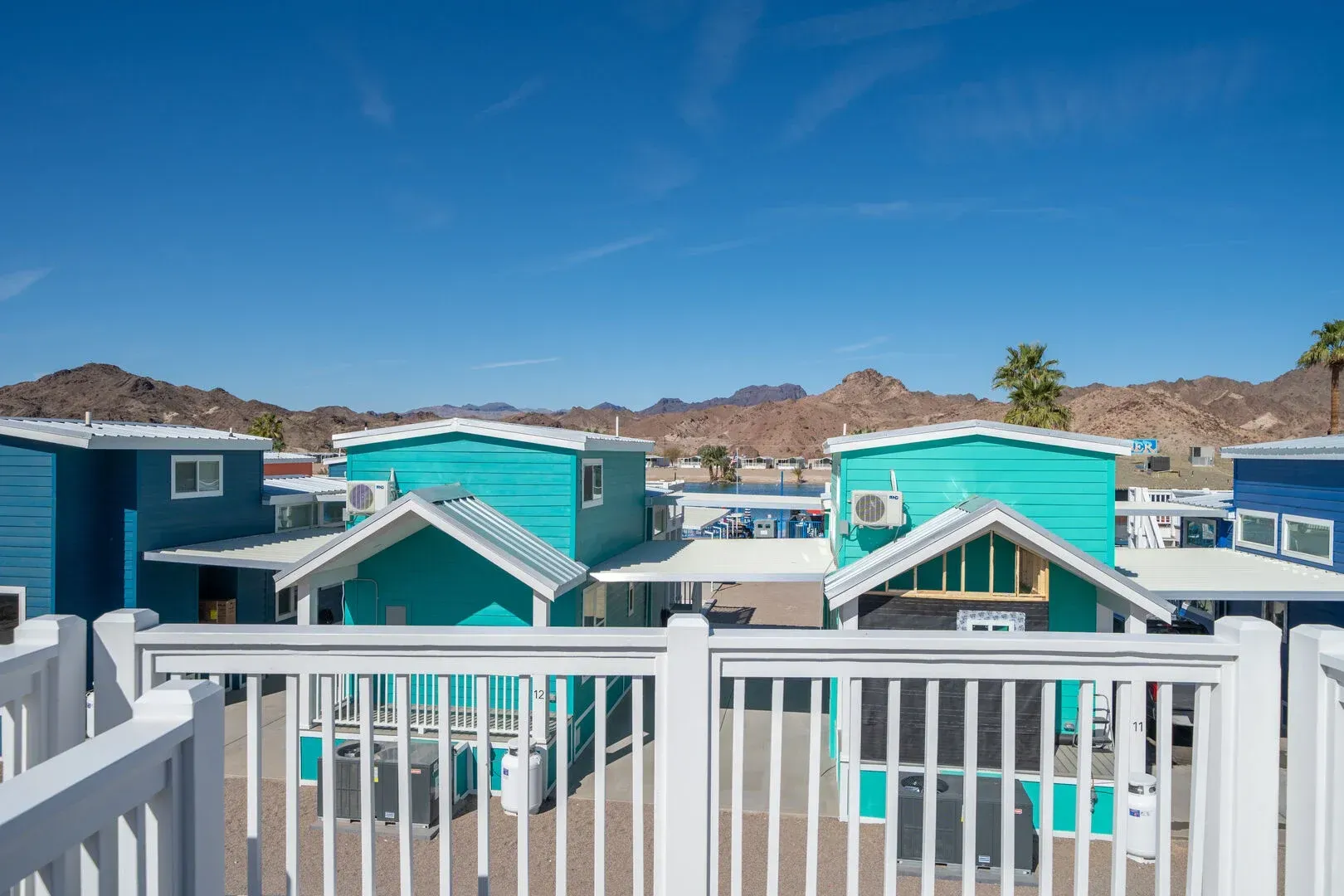 A view of a mobile home park from a balcony.