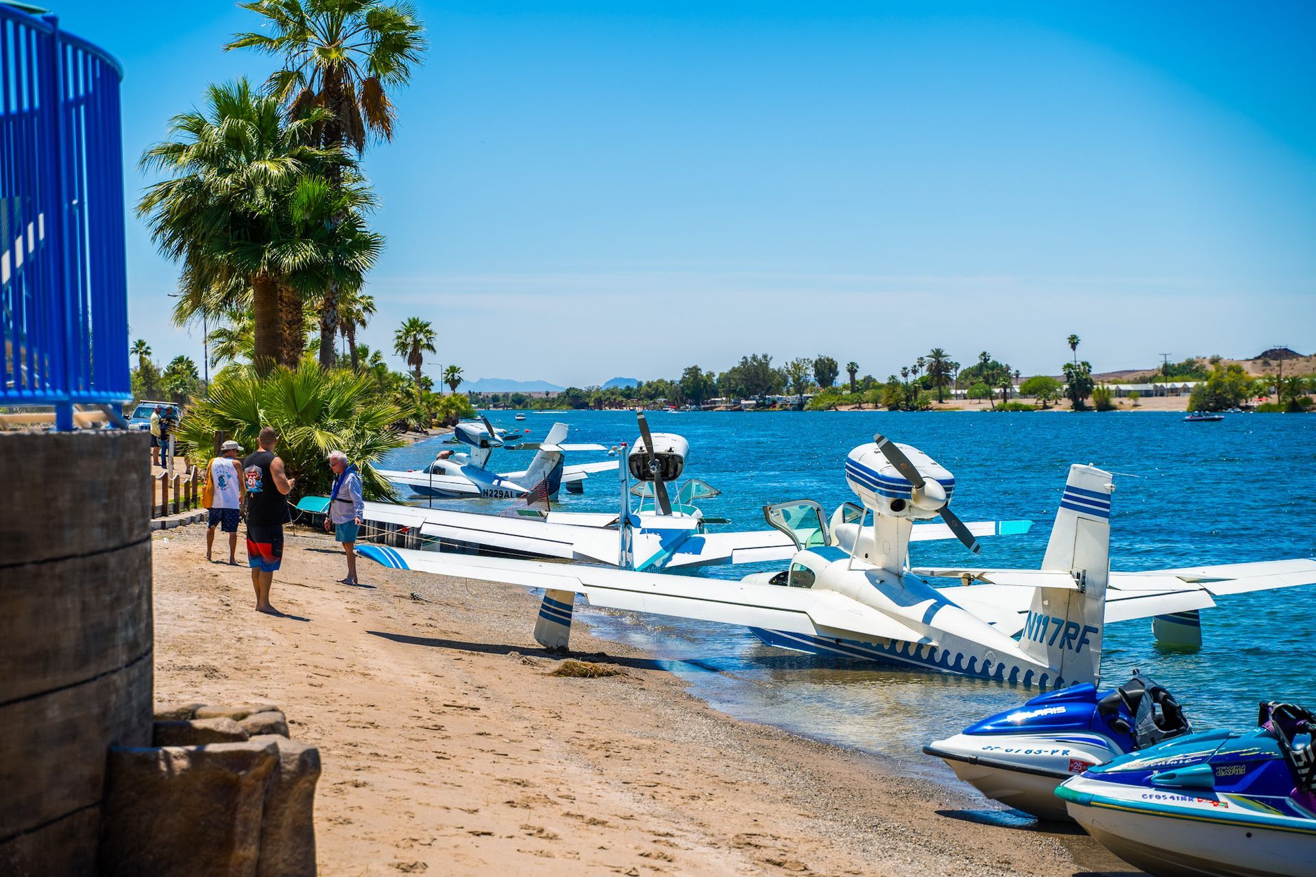 A row of seaplanes are parked on the shore of a lake.