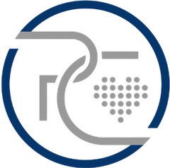 A blue and gray logo with a heart in the middle