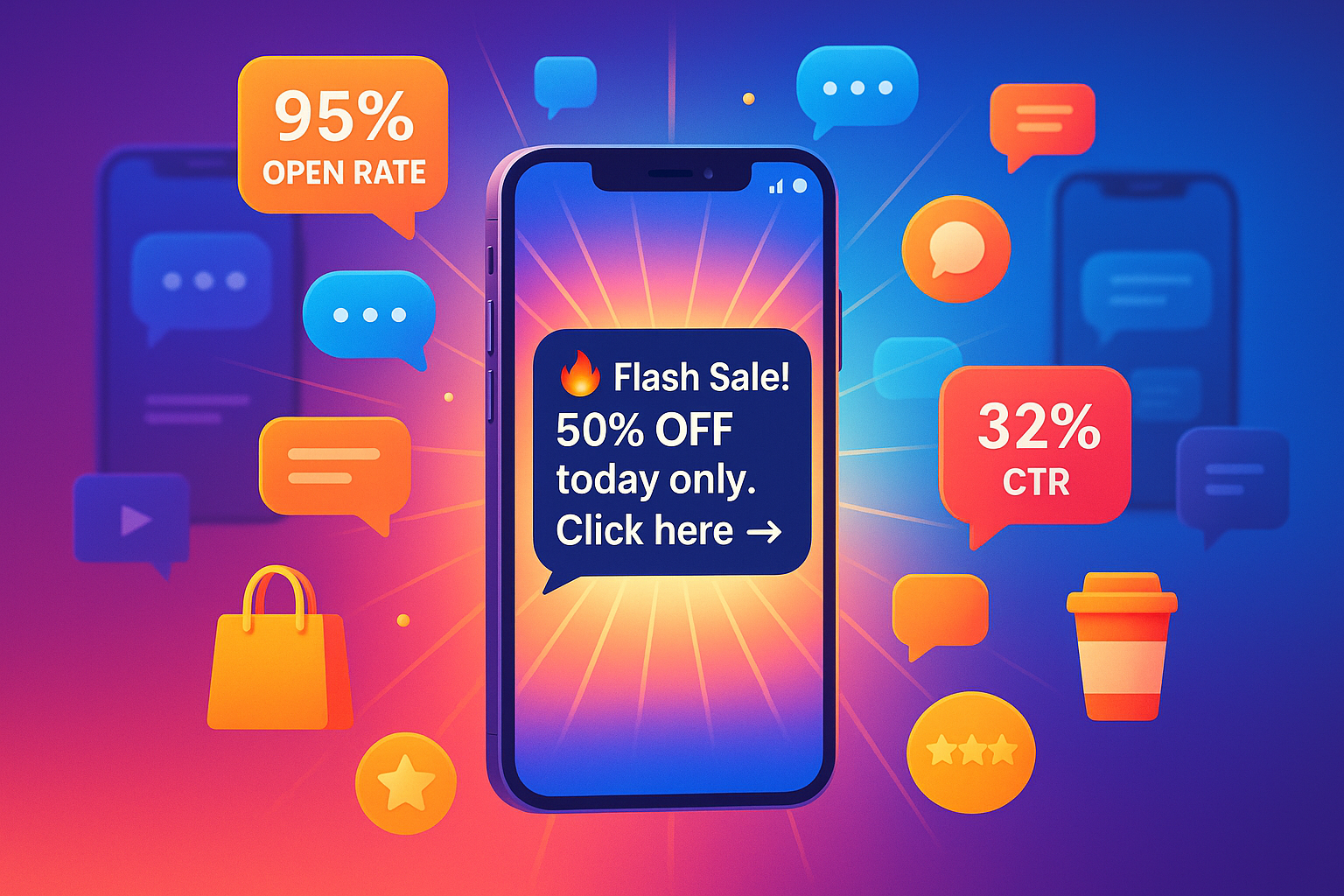 This Image provides elements such as: Mass Text Messaging — reaching thousands of customers instantly
Promotional Campaigns — flash sales, offers, and CTAs
Engagement Metrics — open rates, click-throughs, and conversions
Multi-Industry Reach — from retail to hospitality and beyond
Speed & Impact — real-time delivery with high open rates