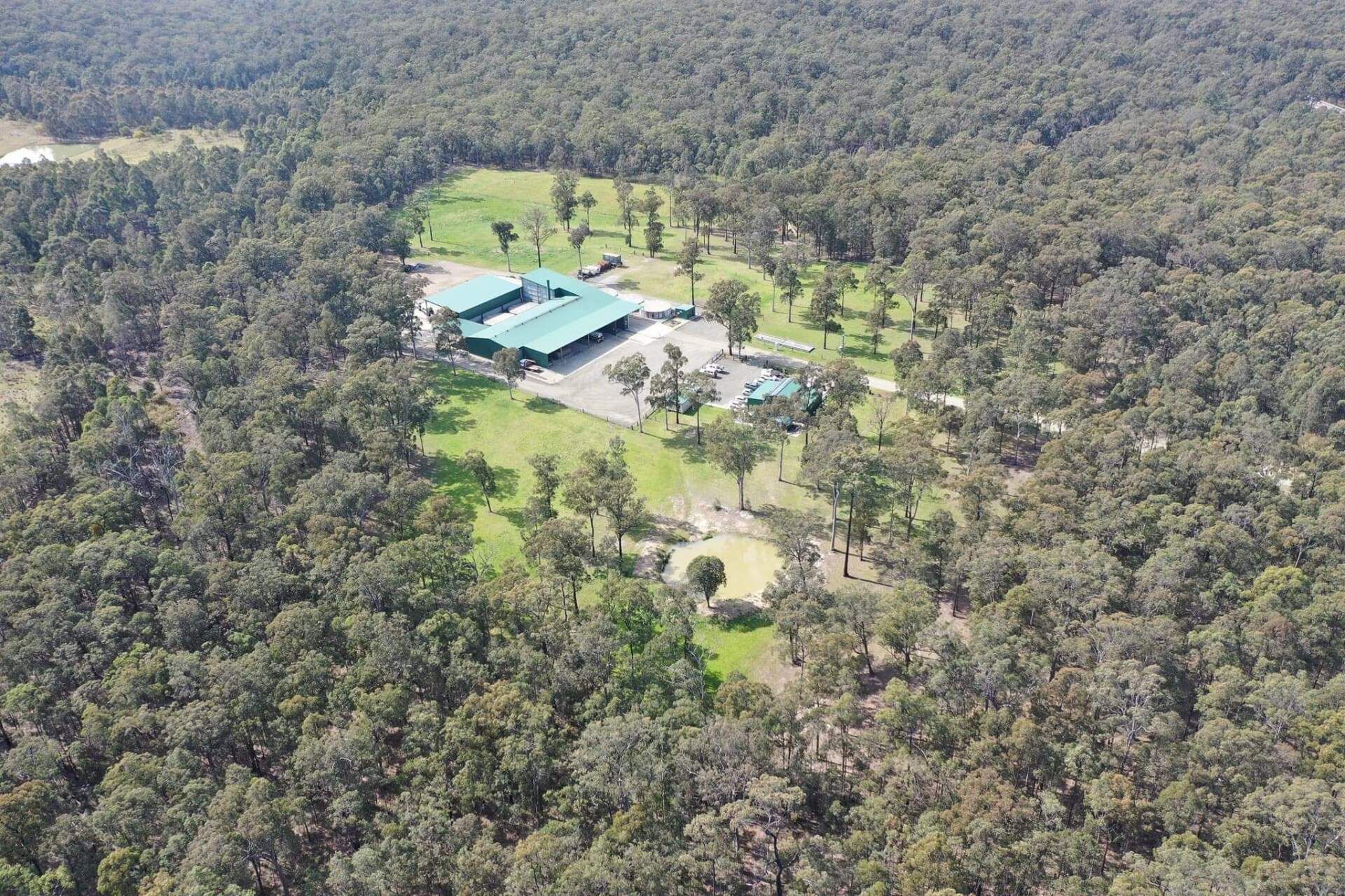 Aerial view of a green-roofed building and surrounding grounds with trees in a wooded area.