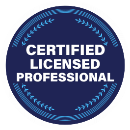 Blue and white circular badge with