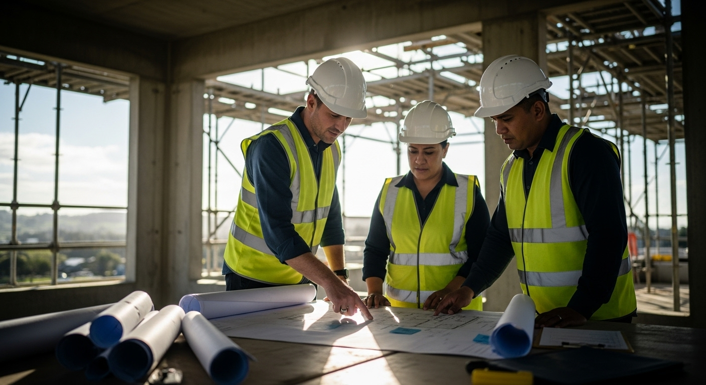 Construction workers in hard hats and vests reviewing blueprints at a construction site.
