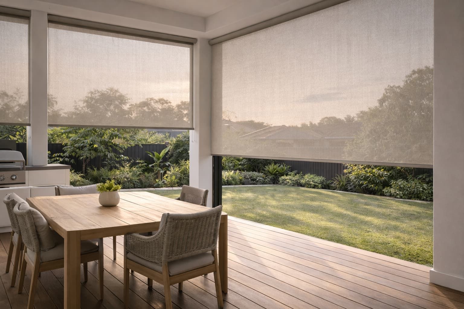 Outdoor blinds installed on a modern alfresco patio in Geelong