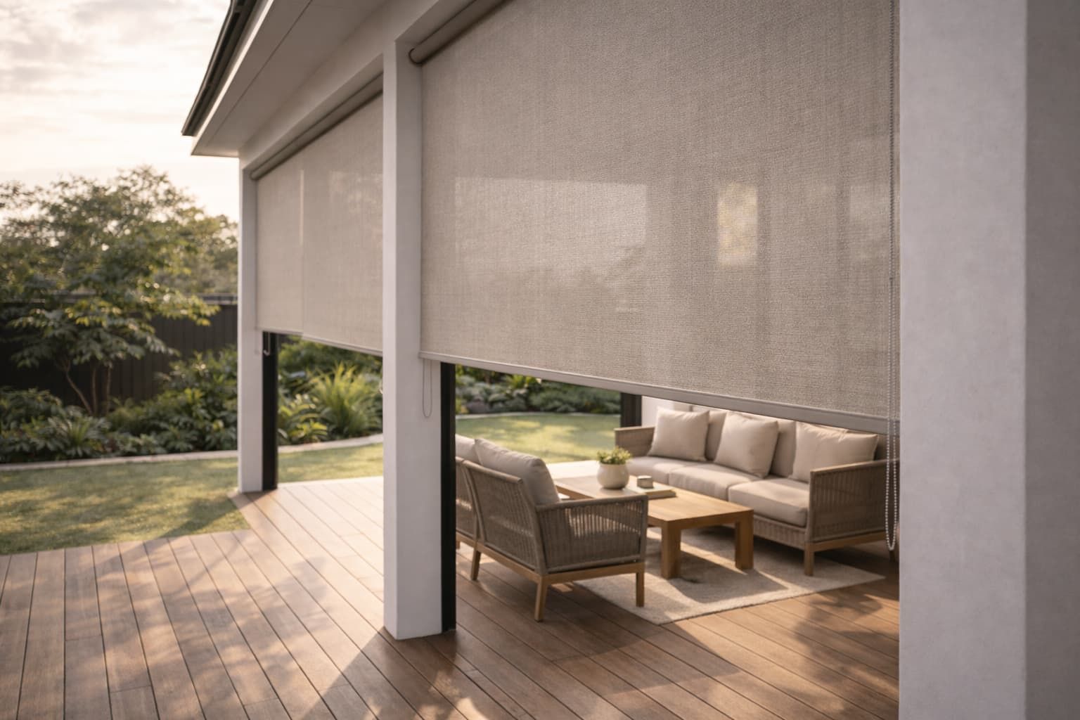Weather resistant outdoor blinds installed on a Geelong patio