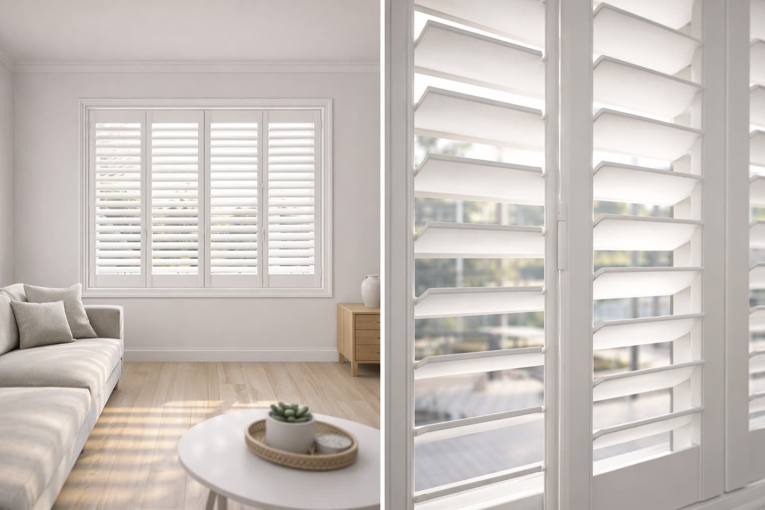 White plantation shutters installed in a modern Geelong living room