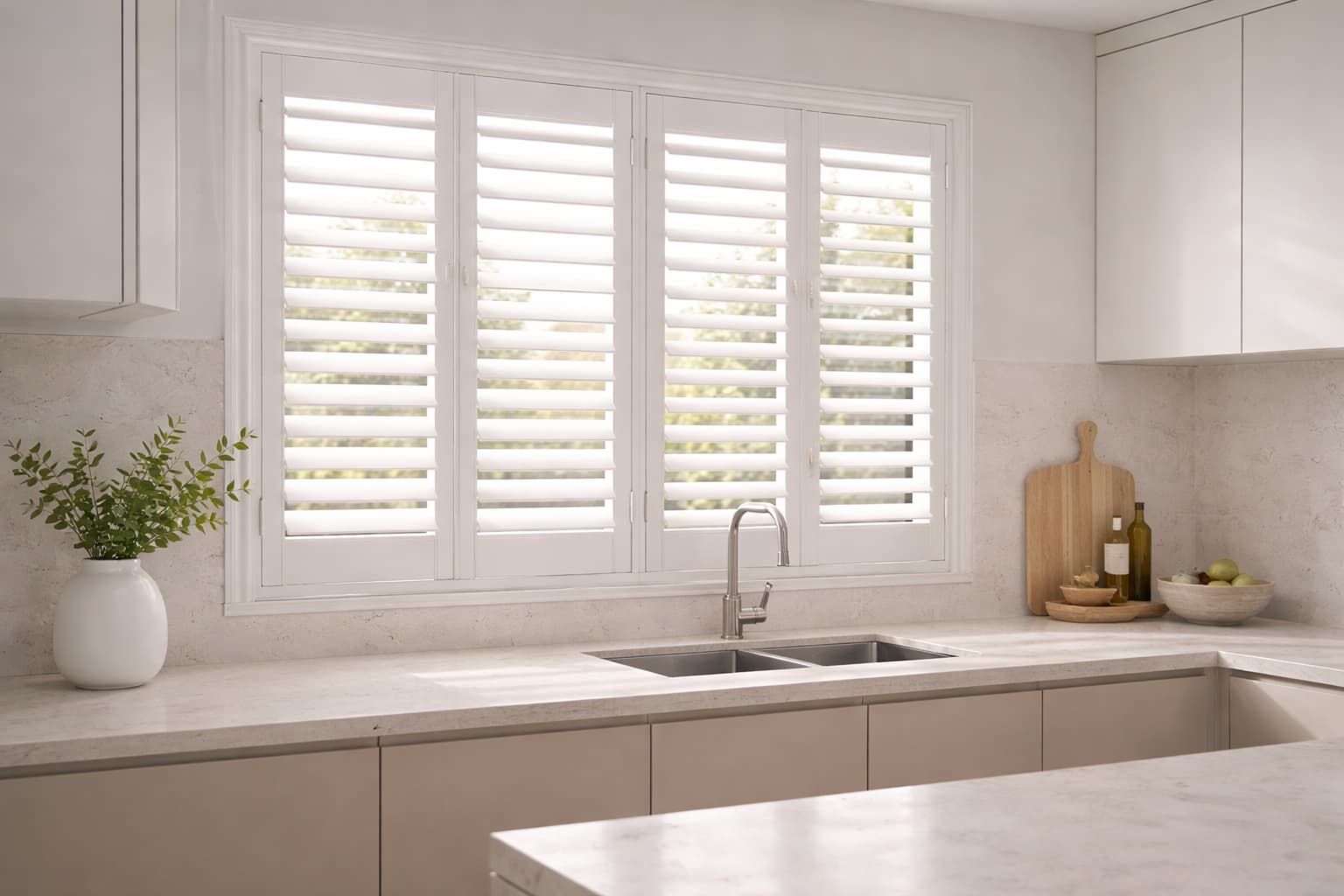 White plantation shutters installed in a Geelong kitchen