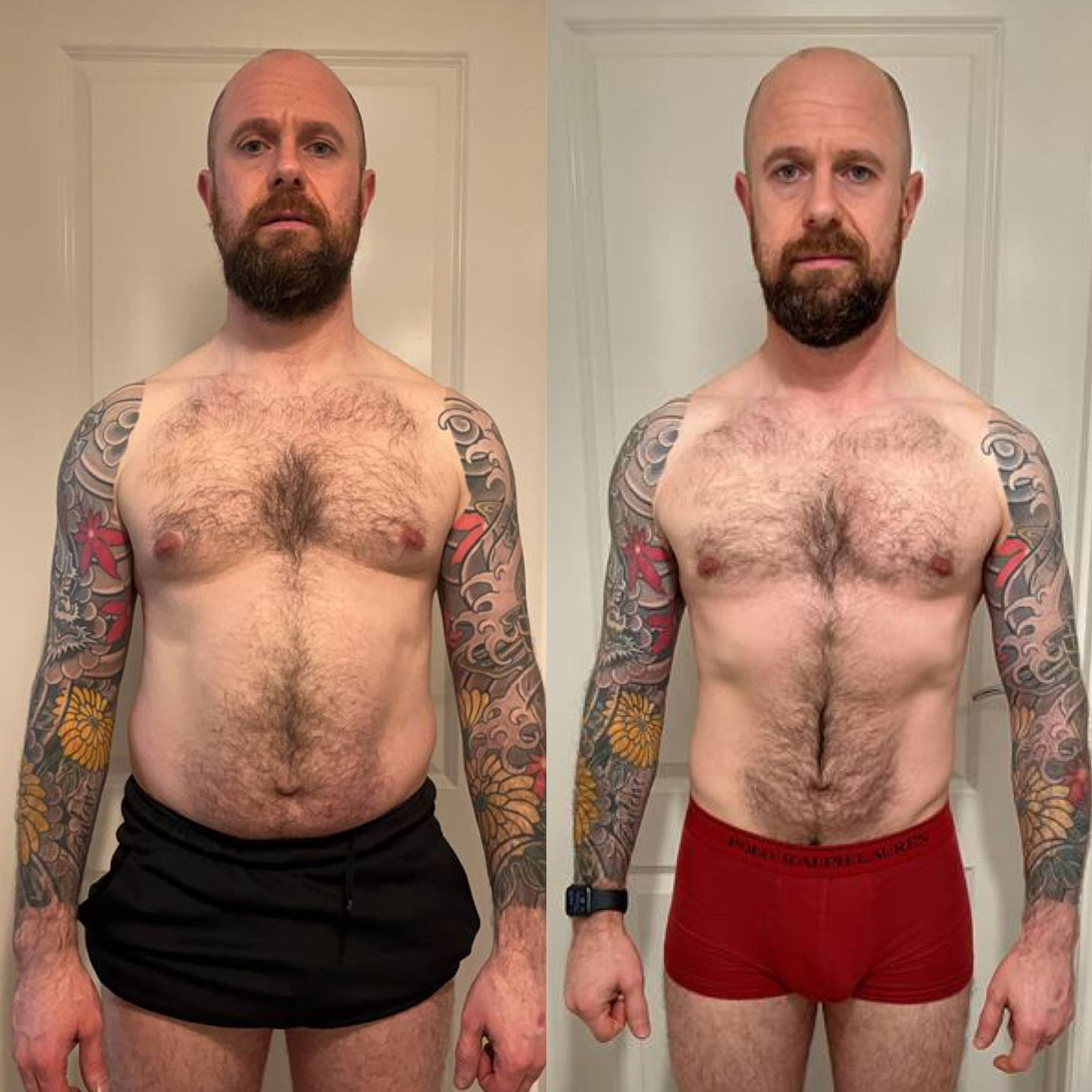 A man with tattoos on his arms is standing in front of a door.