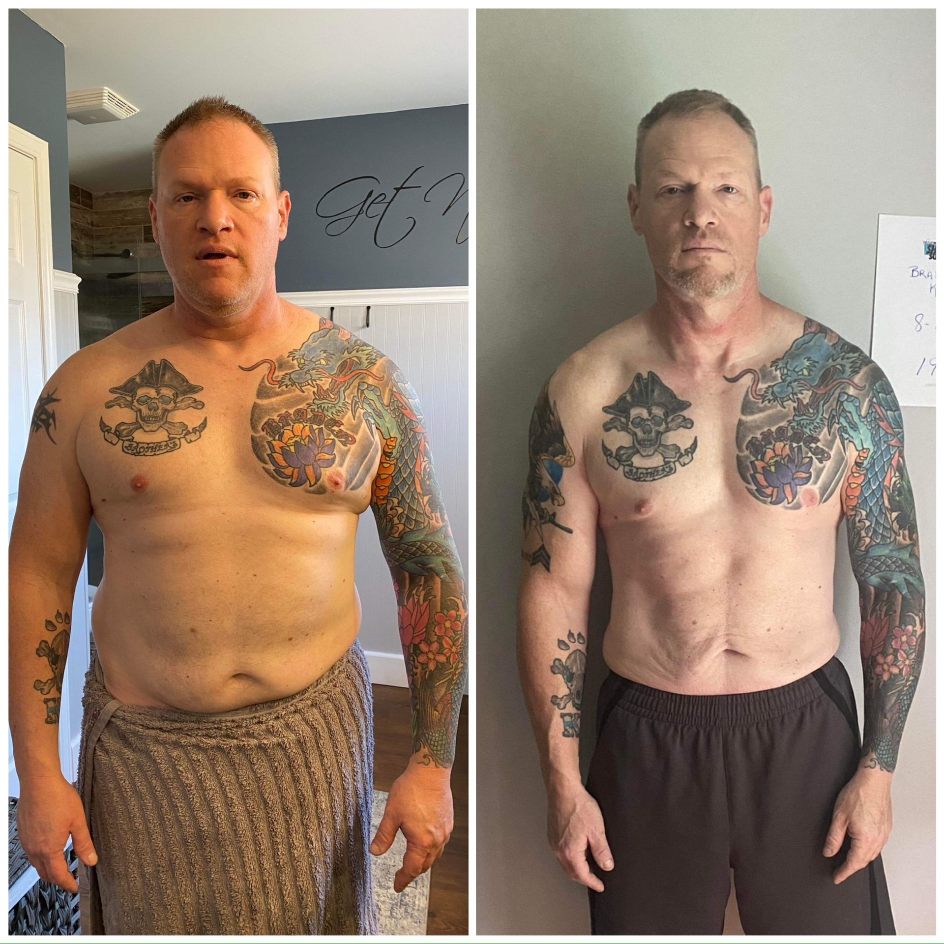 A before and after picture of a man with tattoos.
