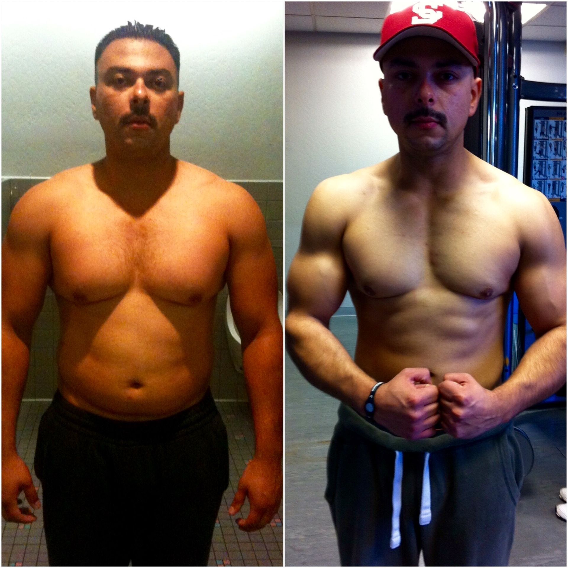 A before and after photo of a shirtless man