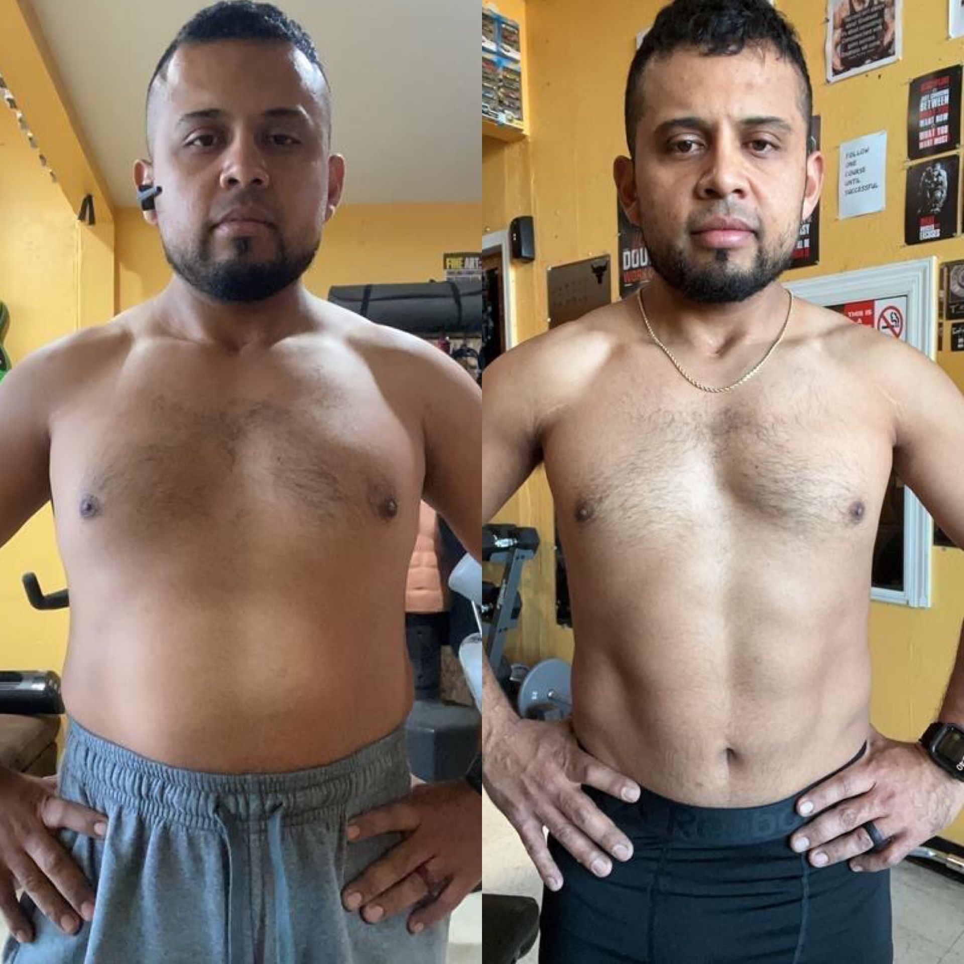 A before and after picture of a shirtless man in a gym.