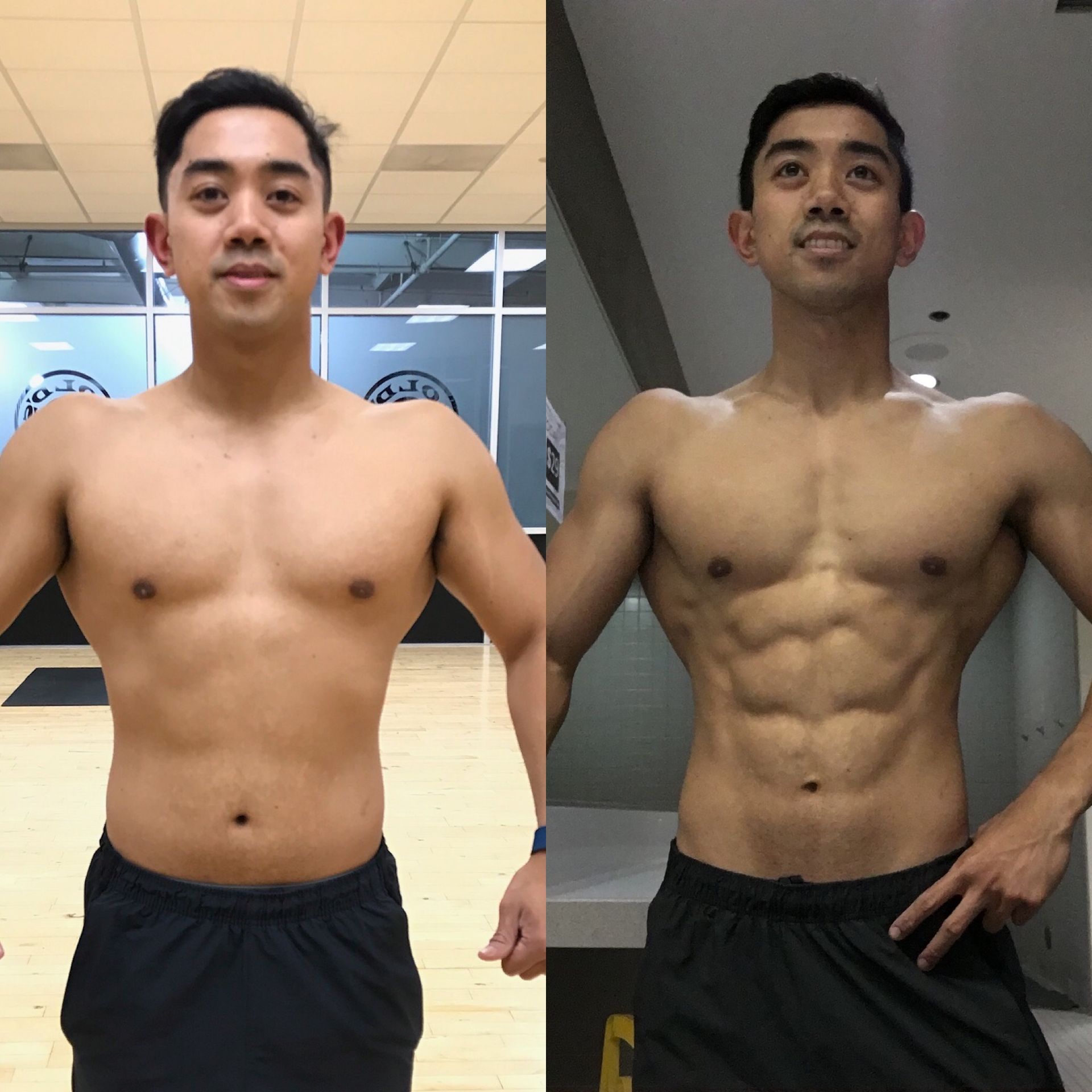 A before and after photo of a shirtless man