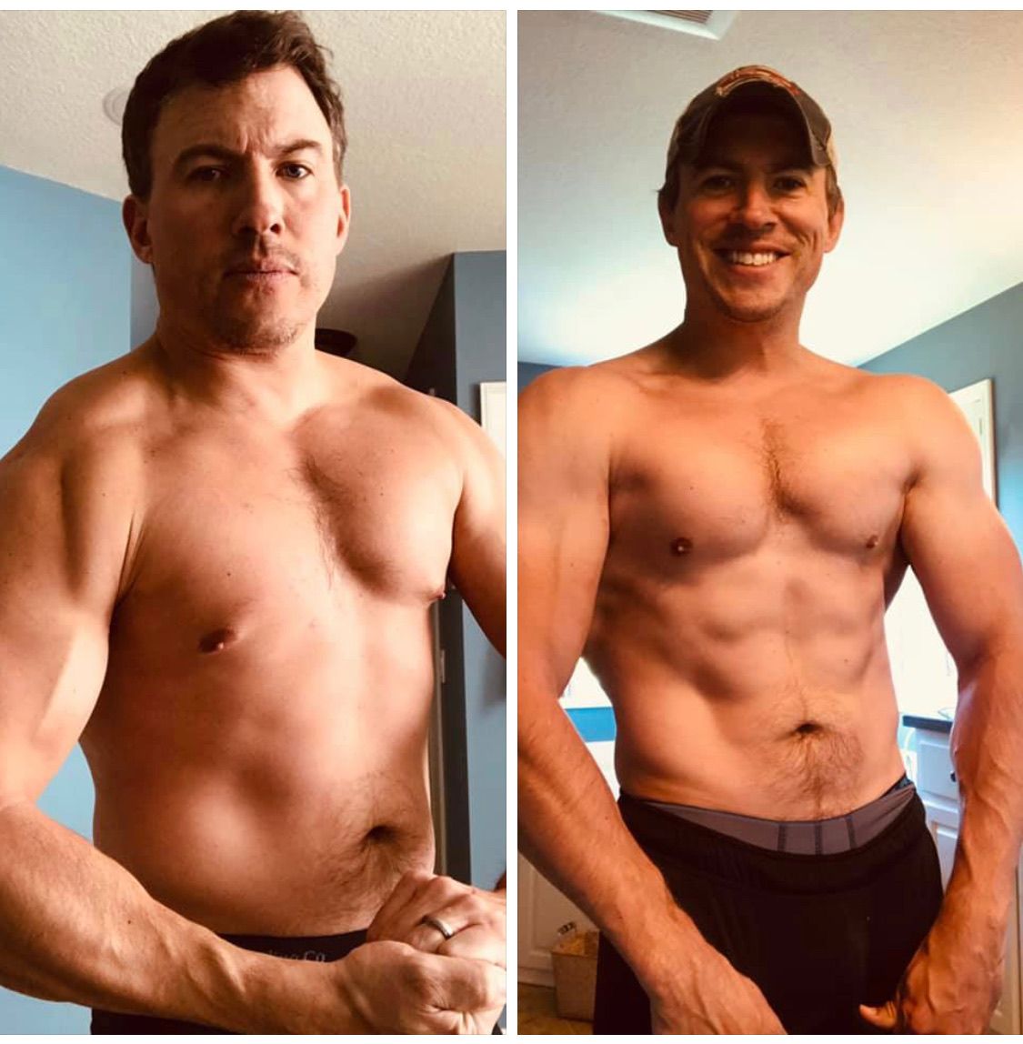 A man without a shirt is standing next to another shirtless man