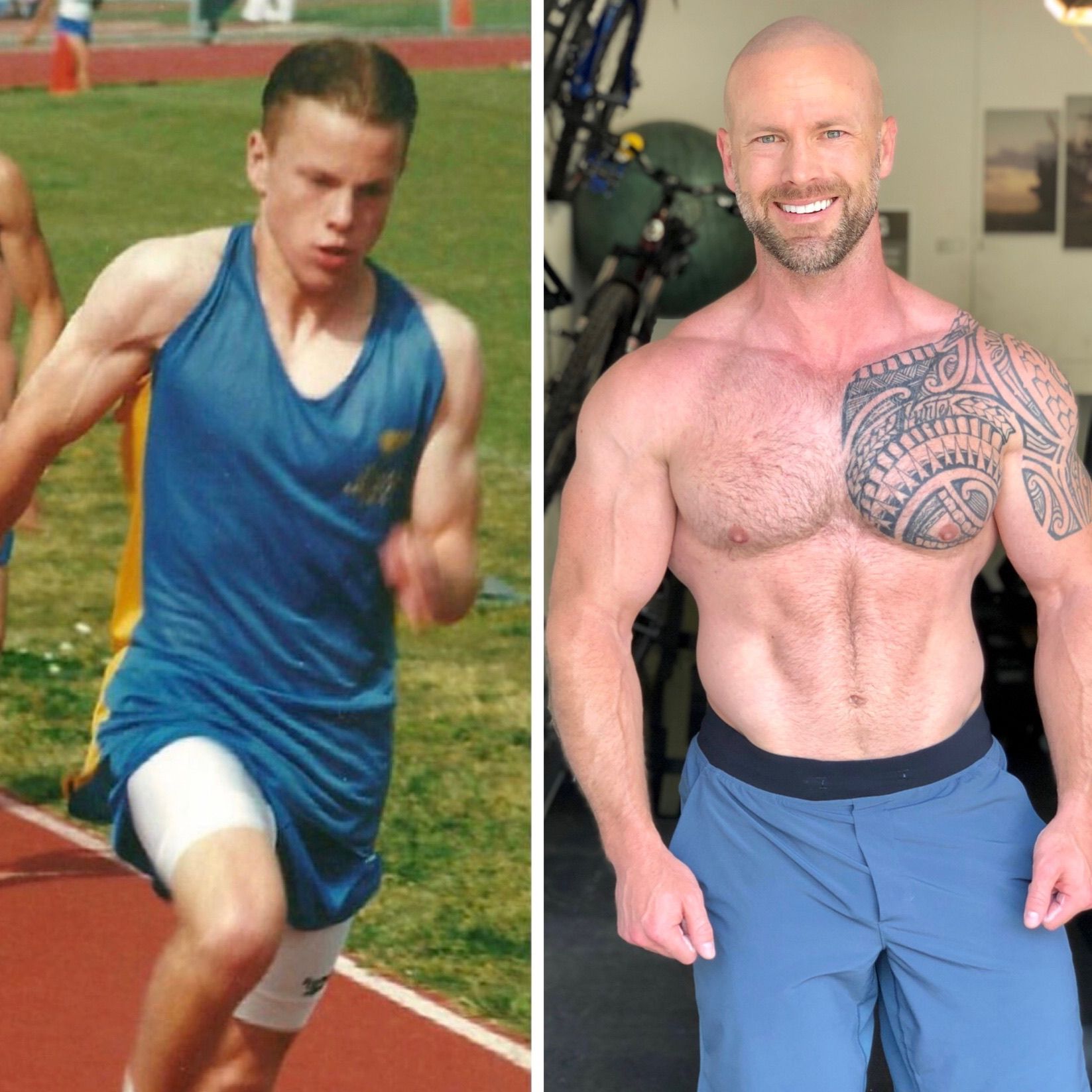 A man with a tattoo on his chest is running on a track