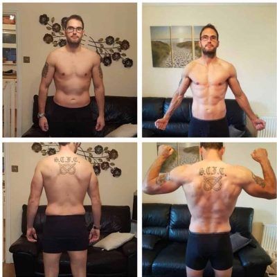 A collage of four pictures of a shirtless man with tattoos on his back