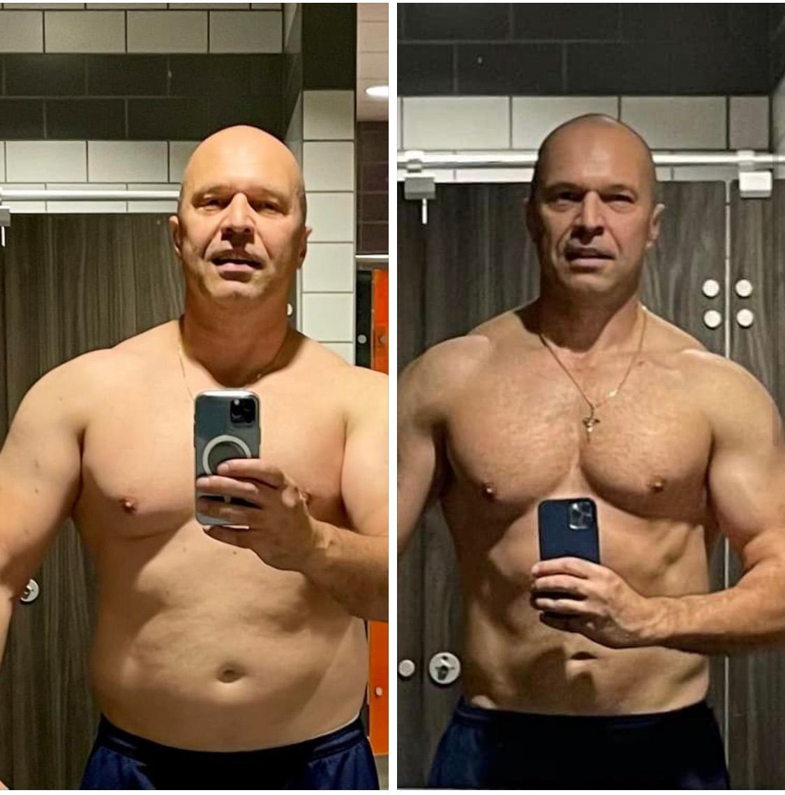 A man without a shirt is taking a selfie in a bathroom.