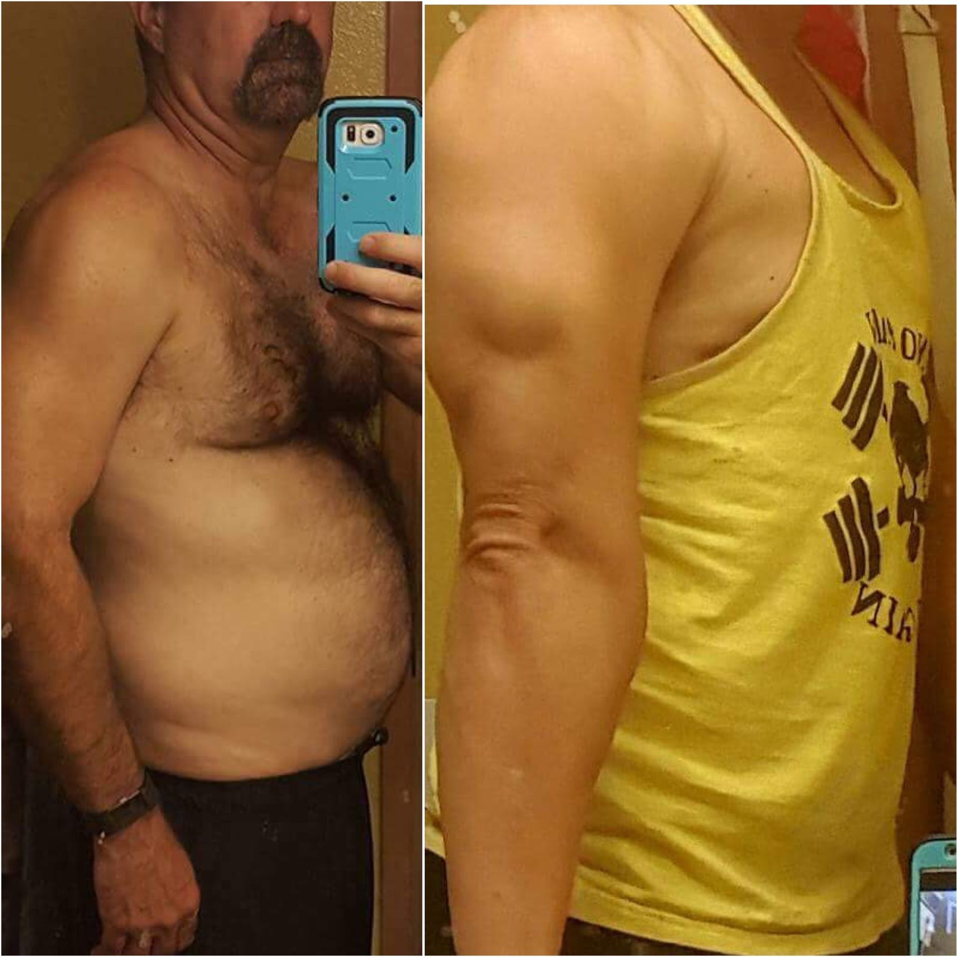 A man is taking a selfie in front of a mirror while wearing a yellow tank top.