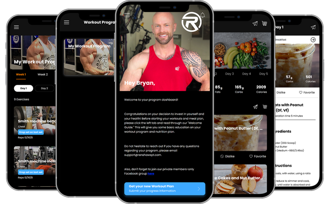 A group of cell phones displaying a workout app.