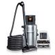 Silver vacuum cleaner with black hose, floor head, and accessory attachments displayed on white background