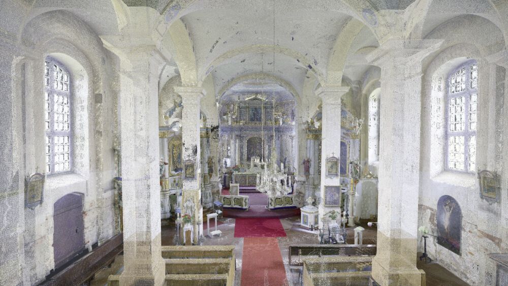 Kuldīgas Svētās Trīsvienības Romas katoļu baznīcas punktu mākonis un 3D modelis