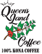 Queen's Land Coffee logo with coffee branch. Black text and a crown, green leaves, red berries, white flowers.