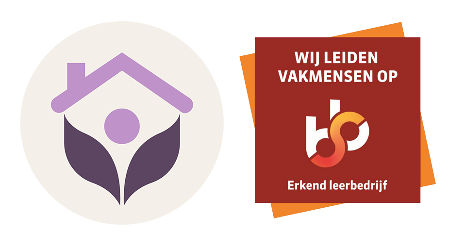 Paars cirkellogo met twee bladeren en een gat aan de bovenkant, met lichtblauwe en witte accenten.