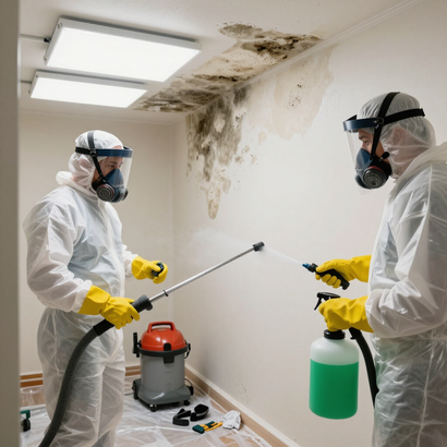 Person in gloves spraying mold cleaner on a moldy corner wall near a window