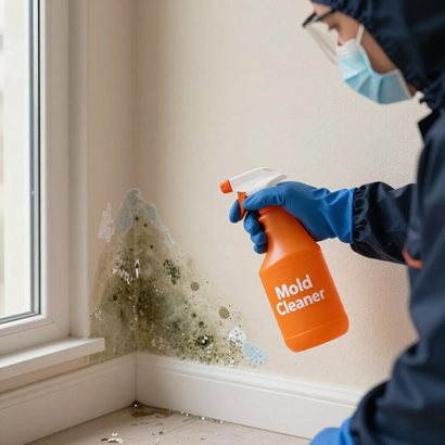 Person in gloves spraying mold cleaner on a moldy corner wall near a window