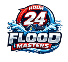 24 Hour Flood Masters logo with blue water splashes and red, white, and blue text