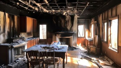 Burned-out room with a dining table, charred ceiling beams, and sunlight through windows